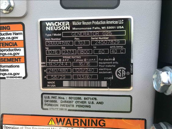 2019 Wacker Neuson G25 T4F Diesel Generator