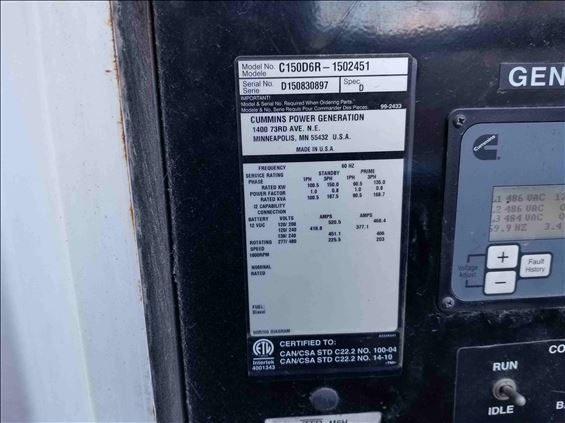2015 Cummins C150D6R WOG Diesel Generator