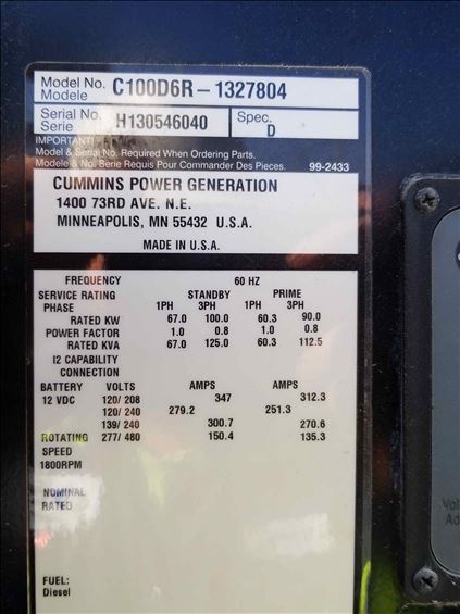 2013 Cummins C100D6RG Diesel Generator