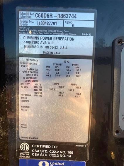 2018 Cummins C60D6R Diesel Generator