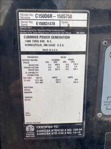 2015 Cummins C150D6RG Diesel Generator