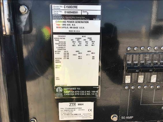 2016 Cummins C150D2RE Diesel Generator
