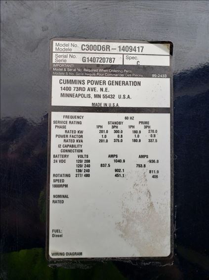 2014 Cummins C300D6RG WOG Diesel Generator