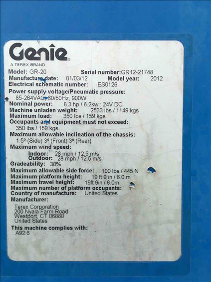 2012 Genie GR-20 Scissor Lift
