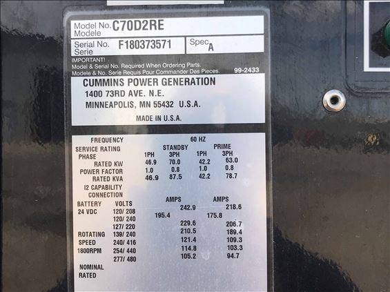 2018 Cummins C70D2RE Diesel Generator