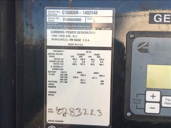2014 Cummins C150D6RG Diesel Generator