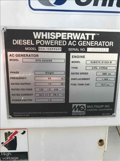 2017 Multiquip DCA15SPXU4F Diesel Generator