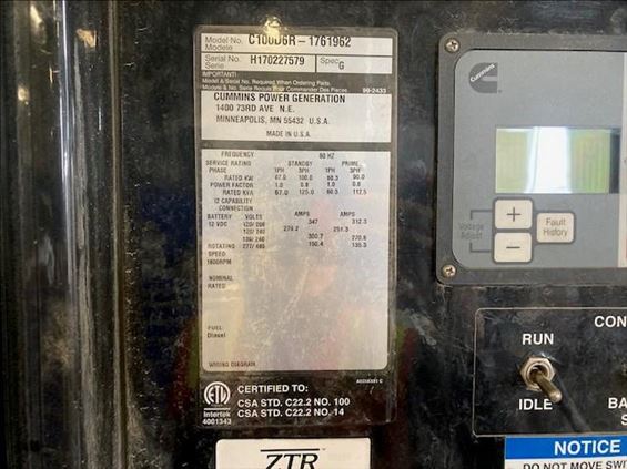 2017 Cummins C100 D6R Diesel Generator