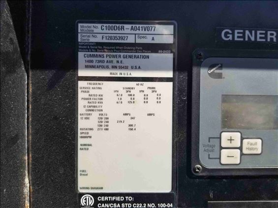 2012 Cummins C100D6RG Diesel Generator