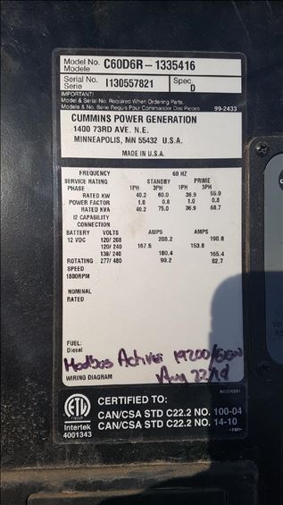 2013 Cummins C60D6R Diesel Generator