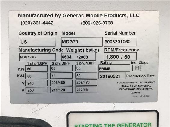 2018 Magnum Pro MMG75DF4 Diesel Generator