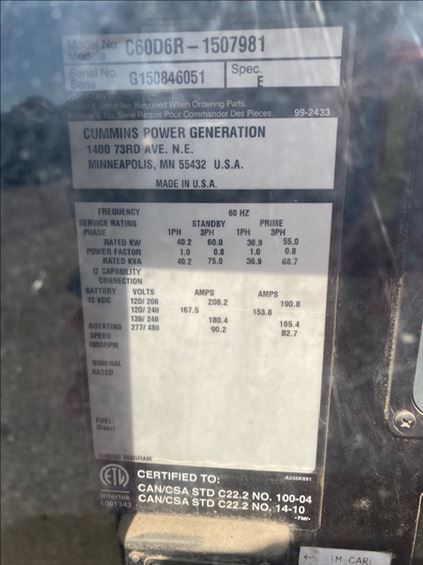 2015 Cummins C60D6R Diesel Generator