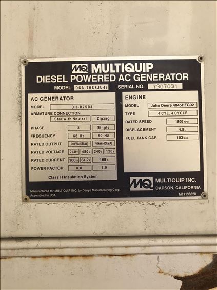 2014 Multiquip DCA70SSJU4I Diesel Generator