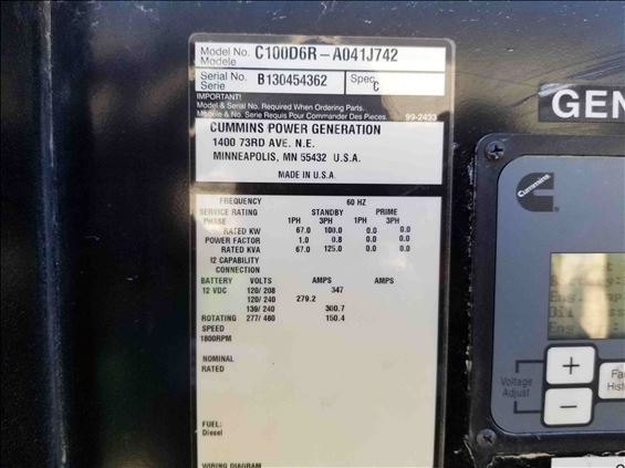 2013 Cummins C100D6RG Diesel Generator
