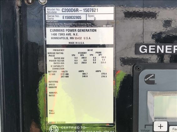 2015 Cummins C200D6R Diesel Generator